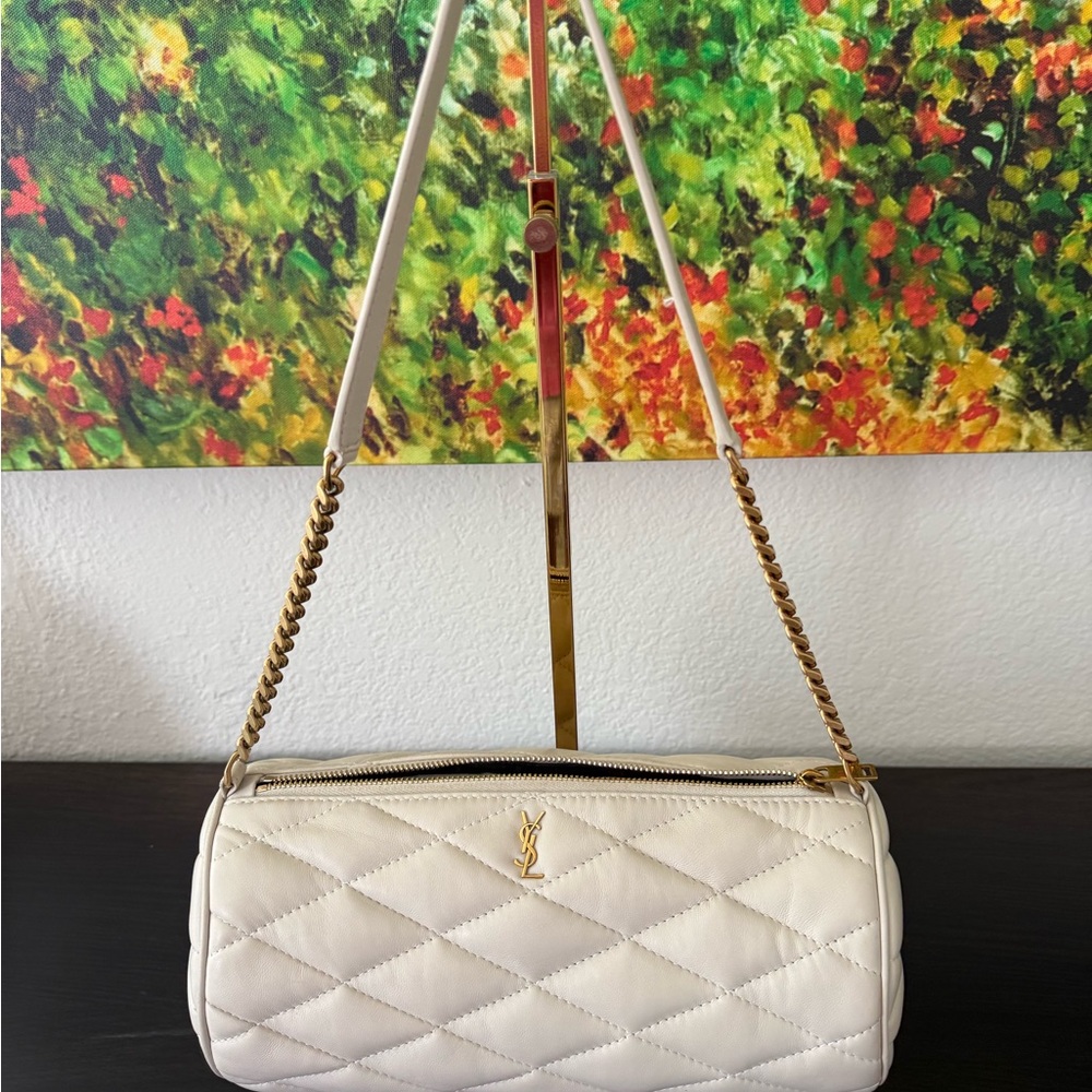 Saint Laurent Cream Quilted Sade Shoulder Bag with Gold Chain